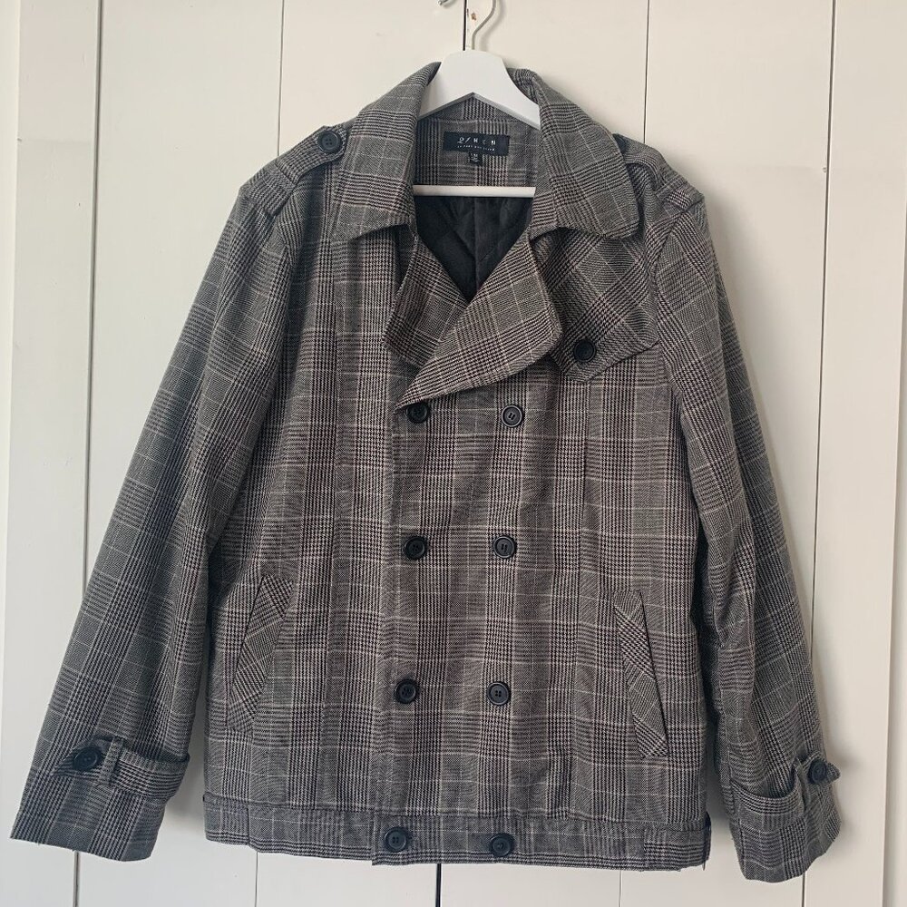 Men’s Grey Plaid Jacket – Trench-Inspired Fit – Size M